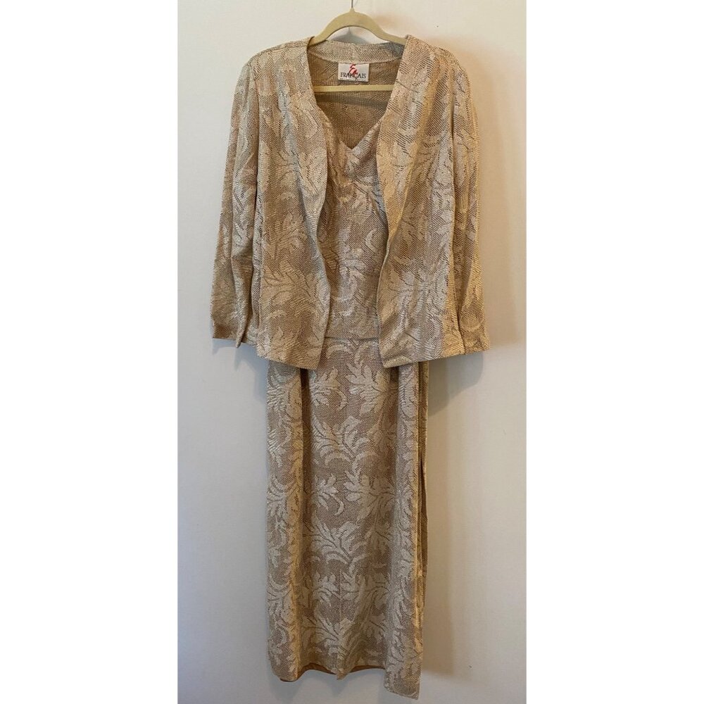En Francais By Huey Waltzer Formal Maxi Dress w/ Jacket Gold Glitter Size 18